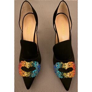 Giannico Crystal Buckle Pumps Black Satin Rainbow Size 41